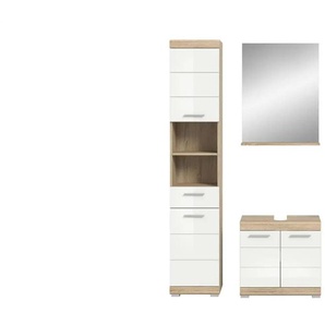 Badmöbel-Set SCHLOONSEE  3 teilig  bestehend aus: Hochschrank  Waschbeckenunterschrank  Spiegel  Schloonsee ¦ weiß ¦ Maße (cm): B: 112 H: 191