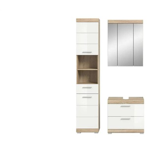 Badmöbel-Set SCHLOONSEE  3 teilig  bestehend aus: Hochschrank  Waschbeckenunterschrank  Spiegelschrank  Hochschrank  Waschbeckenunterschrank  Spiegelschrank  Schloonsee ¦ weiß ¦ Maße (cm): B: 112 H: 191