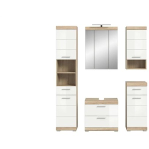 Badmöbel-Set SCHLOONSEE  5 teilig  inklusive LED Beleuchtung  bestehend aus: Hochschrank  WBU  Spiegelschrank  Unterschrank  Hängeschrank  Schloonsee ¦ weiß ¦ Maße (cm): B: 164 H: 191