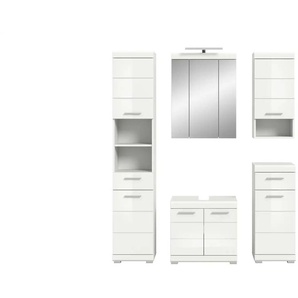 Badmöbel-Set SCHLOONSEE  5 teilig  inklusive LED Beleuchtung  bestehend aus: Hochschrank  WBU  Spiegelschrank  Unterschrank  Hängeschrank  Schloonsee ¦ weiß ¦ Maße (cm): B: 164 H: 191