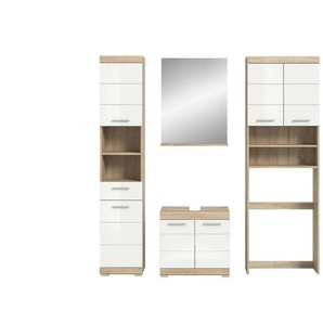 Badmöbel-Set SCHLOONSEE  4 teilig  bestehend aus: Hochschrank  WBU  Badspiegel  Waschmaschinenumbauschrank  Schloonsee ¦ weiß ¦ Maße (cm): B: 190 H: 191