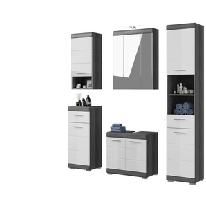 Badmöbel-Set SCHLOONSEE  5 teilig  inklusive LED Beleuchtung  bestehend aus: Hochschrank  WBU  Spiegelschrank  Unterschrank  Hängeschrank  Schloonsee ¦ weiß ¦ Maße (cm): B: 164 H: 191