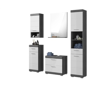 Badmöbel-Set SCHLOONSEE 5 teilig bestehend aus: Hochschrank WBU Spiegel Unterschrank Hängeschrank Schloonsee ¦ weiß ¦ Maße (cm): B: 164 H: 191