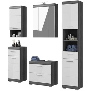 Badmöbel-Set SCHLOONSEE  5 teilig  inklusive LED Beleuchtung  bestehend aus: Hochschrank  WBU  Spiegelschrank  Unterschrank  Hängeschrank  Schloonsee ¦ weiß ¦ Maße (cm): B: 164 H: 191