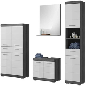Badmöbel-Set SCHLOONSEE  4 teilig  bestehend aus: Hochschrank  Waschbeckenunterschrank  Badspiegel  Midischrank  Schloonsee ¦ weiß ¦ Maße (cm): B: 186 H: 191