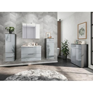 Badmöbel-Set GERMANIA Oakland, grau (graphit, silbergrau), B:269cm H:200cm T:47cm, Spanplatte, Glas, Kastenmöbel-Sets, inkl. WT-Unterschrank, Spiegelschrank, Schrank, Mediumschrank, Kommode, Topseller