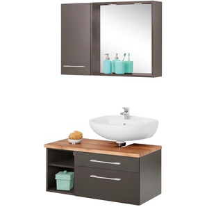 Badmöbel-Set HELD MÖBEL Davos Kastenmöbel-Sets Gr. Siphonausschnitt rechts, grau (graphit, grau) Badmöbelserien inklusive Beleuchtung, Hängeschrank und Waschbeckenunterschrank