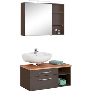 Badmöbel-Set HELD MÖBEL Davos Kastenmöbel-Sets Gr. Siphonausschnitt links, grau (graphit, grau) Badmöbelserien mit LED-Beleuchtung, Hängeschrank und Waschbeckenunterschrank