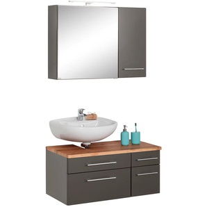 Badmöbel-Set HELD MÖBEL Davos Kastenmöbel-Sets Gr. Siphonausschnitt links, grau (graphit, grau) Badmöbelserien mit LED-Beleuchtung, Hängeschrank und Waschbeckenunterschrank