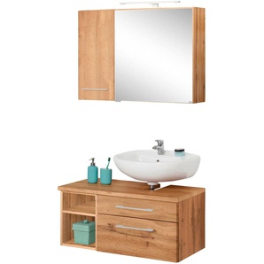 Badmöbel-Set HELD MÖBEL Davos Kastenmöbel-Sets Gr. Siphonausschnitt rechts, braun (eichefarben) Badmöbelserien mit LED-Beleuchtung, Hängeschrank und Waschbeckenunterschrank