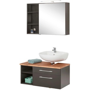 Badmöbel-Set HELD MÖBEL Davos Kastenmöbel-Sets Gr. Siphonausschnitt rechts, grau (graphit, grau) Badmöbelserien mit LED-Beleuchtung, Hängeschrank und Waschbeckenunterschrank