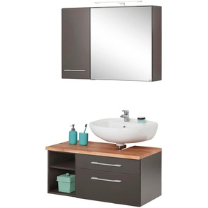 Badmöbel-Set HELD MÖBEL Davos Kastenmöbel-Sets Gr. Siphonausschnitt rechts, grau (graphit, grau) Badmöbelserien mit LED-Beleuchtung, Hängeschrank und Waschbeckenunterschrank