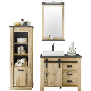 Badmöbel-Set HOME AFFAIRE SHERWOOD, braun (old style hell dekor), B/H/T: 165cm x 210cm x 43cm, Holzwerkstoff, Kastenmöbel-Sets, in Holz Dekor, mit Scheunentorbeschlag und Apothekergriffe aus Metall