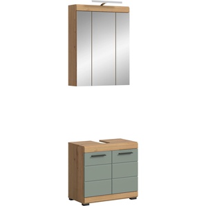 Badmöbel-Set INOSIGN Siena, 2 teilig, inklusive LED Beleuchtung, bestehend aus:, grün (artisan eiche nb, salbei nb), B:60cm H:191cm T:34cm, Kastenmöbel-Sets, Waschbeckenunterschrank, Spiegelschrank, LED Badaufsatzleuchte