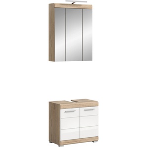 Badmöbel-Set INOSIGN Siena, 2 teilig, inklusive LED Beleuchtung, bestehend aus:, weiß (eiche sonoma hell nb, weiß hochglanz mdf tz), B:60cm H:191cm T:34cm, Kastenmöbel-Sets, Waschbeckenunterschrank, Spiegelschrank, LED Badaufsatzleuchte