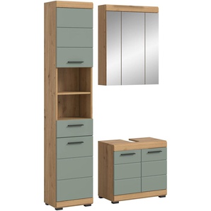 Badmöbel-Set INOSIGN Siena, 3 teilig, bestehend aus:, grün (artisan eiche nb, salbei nb), B:112cm H:191cm T:34cm, Kastenmöbel-Sets, Hochschrank, Waschbeckenunterschrank, Spiegelschrank