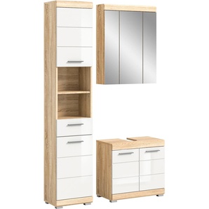Badmöbel-Set INOSIGN Siena, 3 teilig, bestehend aus:, beige (sonoma eiche hell, weiß hochglanz), B:112cm H:191cm T:34cm, Kastenmöbel-Sets, Hochschrank, Waschbeckenunterschrank, Spiegelschrank