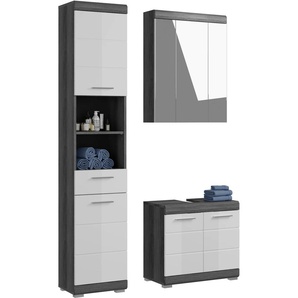 Badmöbel-Set INOSIGN Siena, 3 teilig, bestehend aus:, grau (rauchsilber nb, weiß hochglanz), B:112cm H:191cm T:34cm, Holzwerkstoff, Kastenmöbel-Sets, Hochschrank, Waschbeckenunterschrank, Spiegelschrank