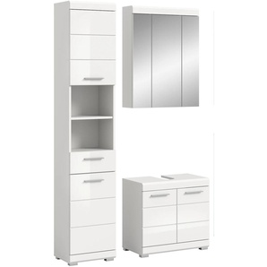 Badmöbel-Set INOSIGN Siena, 3 teilig, bestehend aus:, weiß (weiß nb, weiß hochglanz mdf tz), B:112cm H:191cm T:34cm, Kastenmöbel-Sets, Hochschrank, Waschbeckenunterschrank, Spiegelschrank