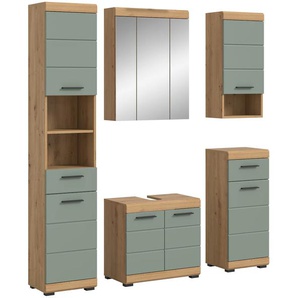 Badmöbel-Set INOSIGN Siena, 5 teilig, bestehend aus:, grün (artisan eiche nb, salbei nb), B:164cm H:191cm T:34cm, Kastenmöbel-Sets, Hochschrank, WBU, Spiegelschrank, Unterschrank, Hängeschrank