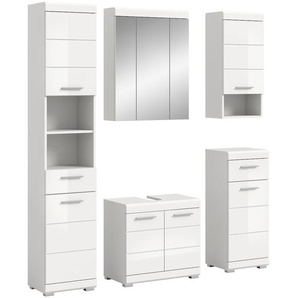 Badmöbel-Set INOSIGN Siena, 5 teilig, bestehend aus:, weiß (weiß nb, weiß hochglanz mdf tz), B:164cm H:191cm T:34cm, Kastenmöbel-Sets, Hochschrank, WBU, Spiegelschrank, Unterschrank, Hängeschrank