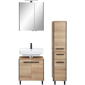 Badmöbel-Set PELIPAL 395.090.000 Kastenmöbel-Sets Gr. Riviera Eiche quer Nachbildung mit schwarzem L-Profil vorne, braun Bad-Sparsets