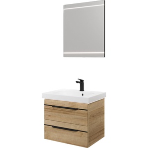 Badmöbel-Set PELIPAL Balto Kastenmöbel-Sets Gr. B/H/T: 64,4 cm x 200 cm x 46 cm, Riviera Eiche quer Nachbildung, inkl. LED Fugenbeleuchtung-Touchschalter, braun (riviera eiche quer nb) Bad-Sparsets 64,4 cm mit LED-Spiegel, Mineralmarmor-Waschtisch und 2
