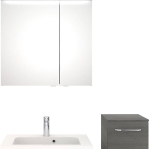 Badmöbel-Set PELIPAL Balto Sprint Kastenmöbel-Sets Gr. B/H/T: 100 cm x 200 cm x 46 cm, 1 Mineralmarmor-Waschtisch weiß-1 Waschtischunterschrank mit 2 Auszügen-1 Spiegelschrank mit 2 Drehtüren-1 LED-Lichtkranz-1 Unterschrank mit 1 Drehtür, 1 Auszug, grau