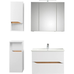 Badmöbel-Set PELIPAL Quickset 857 Kastenmöbel-Sets Gr. B/T: 110 cm x 45 cm, 2 Auszüge-3 Spiegeltüren-Spiegelschrank inkl. Beleuchtung, Schalter und Steckdose-2 Nischen, weiß (weiß seidenglanz) Bad-Sparsets