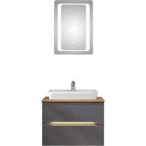 Badmöbel-Set SAPHIR Quickset 2-teilig, Keramik-Aufsatzbecken mit LED-Spiegel Kastenmöbel-Sets grau (quarzgrau matt touch, quarzgrau matt, akzent riviera eiche quer nb) Bad-Sparsets