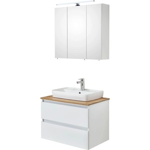 Badmöbel-Set SAPHIR Quickset 360 2-teilig, Keramik-Aufsatzbecken mit LED-Spiegelschrank Kastenmöbel-Sets weiß (weiß glanz) Badmöbelserien Waschtischplatte, 78 cm breit, Weiß Glanz, 3 Türen, 2 Schubladen