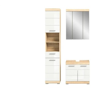 Badmöbel-Set SCHLOONSEE  3 teilig  bestehend aus: Hochschrank  Waschbeckenunterschrank  Spiegelschrank  Schloonsee ¦ weiß ¦ Maße (cm): B: 112 H: 191