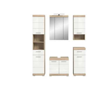 Badmöbel-Set SCHLOONSEE  5 teilig  inklusive LED Beleuchtung  bestehend aus: Hochschrank  WBU  Spiegelschrank  Unterschrank  Hängeschrank  Schloonsee ¦ weiß ¦ Maße (cm): B: 164 H: 191