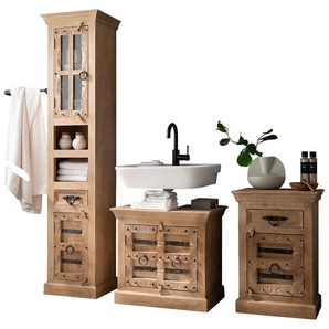 Badmöbel-Set SIT Kastenmöbel-Sets Gr. 1 Hochschrank, 1 Unterschrank, 1 Spiegel, 1 kleiner Schrank, 1 Hängeschrank, beige (natur) Bad-Sparsets Front mit aufwändigen Schnitzereien, Ringgriffe & Beschläge aus Metall