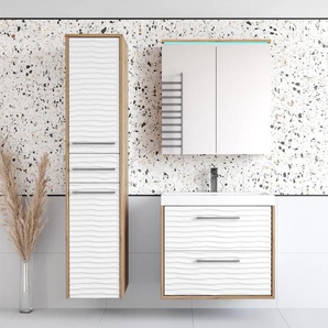 Badmöbel-Set WELLTIME Canada, beige (votaneichefarben, weiß matt), B:110cm H:130cm T:35cm, Holzwerkstoff, MDF, Kastenmöbel-Sets, Badmöbel mit Soft-Close, Spiegelschrank, Waschtisch mit Becken