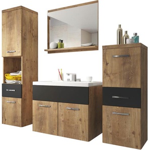 Badmöbel-Set WELLTIME ELDA, braun (kastanien breslau, schwarz graphite matt), B:140cm H:133cm T:35cm, Holzwerkstoff, Kastenmöbel-Sets, Waschtisch inkl. Waschbecken, Hochschrank, Badschrank und Spiegel