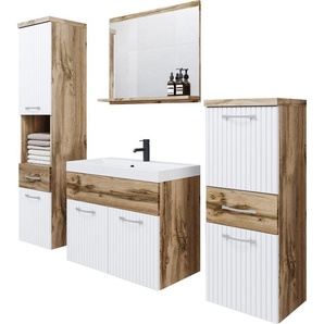 Badmöbel-Set WELLTIME ELDA, weiß (wotan, weiß matt), B:140cm H:133cm T:35cm, Holzwerkstoff, Kastenmöbel-Sets, Waschtisch inkl. Waschbecken, Hochschrank, Badschrank und Spiegel