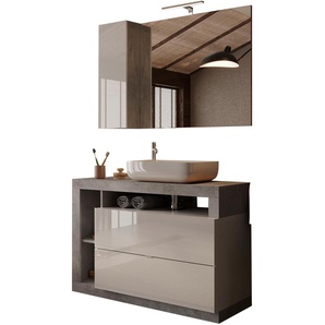 Badmöbel-Set WELLTIME Hamburg, Badezimmerset 2tlg. Breite 110 cm, Badmöbel, Waschtisch inkl., weiß (weiß, beton, optik), B:110cm H:190cm T:49cm, Kastenmöbel-Sets, Waschbecken, Spiegelschrank mit LED Aufbauleuchte, Soft-Close-Funktion
