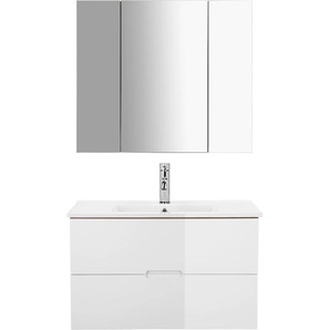 Badmöbel-Set WELLTIME Lund Badmöbel Set Badschrank Badezimmerset, weiß (eiche, weiß), MDF, Kastenmöbel-Sets, Waschtisch, Spiegelschrank und Becken Breite 80cm