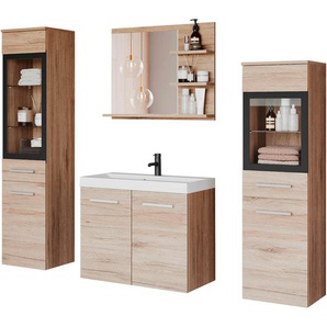 Badmöbel-Set WELLTIME MADRIT, braun (eiche san remo), B:140cm H:130cm T:35cm, Holzwerkstoff, Kastenmöbel-Sets, Waschtisch inkl. Waschbecken, Badschrank, Hochschrank, Spiegel