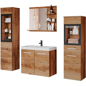 Badmöbel-Set WELLTIME MADRIT, braun (kastanie eiche), B:140cm H:130cm T:35cm, Holzwerkstoff, Kastenmöbel-Sets, Waschtisch inkl. Waschbecken, Badschrank, Hochschrank, Spiegel