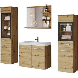 Badmöbel-Set WELLTIME MADRIT, braun (eichefarben artisan), B:140cm H:130cm T:35cm, Holzwerkstoff, Kastenmöbel-Sets, Waschtisch inkl. Waschbecken, Badschrank, Hochschrank, Spiegel