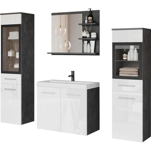Badmöbel-Set WELLTIME MADRIT, schwarz-weiß (matera anthrazit, weiß hochglanz), B:140cm H:130cm T:35cm, Holzwerkstoff, Kastenmöbel-Sets, Waschtisch inkl. Waschbecken, Badschrank, Hochschrank, Spiegel