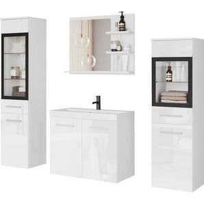 Badmöbel-Set WELLTIME MADRIT, weiß (weiß matt, weiß hochglanz), B:140cm H:130cm T:35cm, Holzwerkstoff, Kastenmöbel-Sets, Waschtisch inkl. Waschbecken, Badschrank, Hochschrank, Spiegel