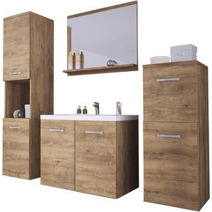 Badmöbel-Set WELLTIME PARLA, braun (eiche lefkas), B:140cm H:133cm T:35cm, Holzwerkstoff, Kastenmöbel-Sets, Waschtisch inkl. Waschbecken, Spiegel, Hochschrank und Hängeschrank