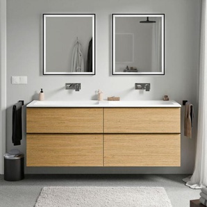 Badmöbel Unterschrank Bernstein lavoa 160cm mit Mineralguss Waschbecken cream Badmöbel: Eiche Honiggold, Metallgriff: Anthrazit matt, Waschbecken: