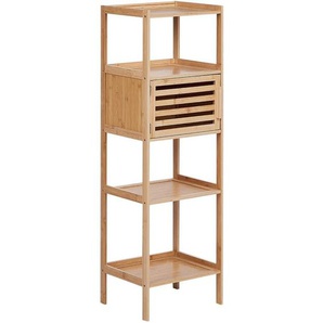 Badregal mit Tür Hellbraun Bambusholz 114 cm Hoch 4 Fächer Lamellen-Optik Latten-Optik Rustikal Badezimmer Ausstattung Badmöbel Holzregal