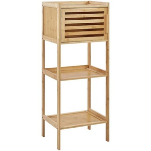 Badregal mit Tür Hellbraun Bambusholz 91 cm Hoch 3 Fächer Lamellen-Optik Latten-Optik Rustikal Badezimmer Ausstattung Badmöbel Holzregal