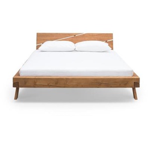 Balkenbett 140 x 200 cm, massives Fichtenholz, Vintage-Finish, Y-Beine - Bett, Holzbett, Doppelbett