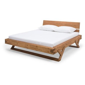 Balkenbett 140 x 200 cm, massives Fichtenholz, Vintage-Finish, Y-Beine mit Verbindungsstange - Bett, Holzbett, Doppelbett